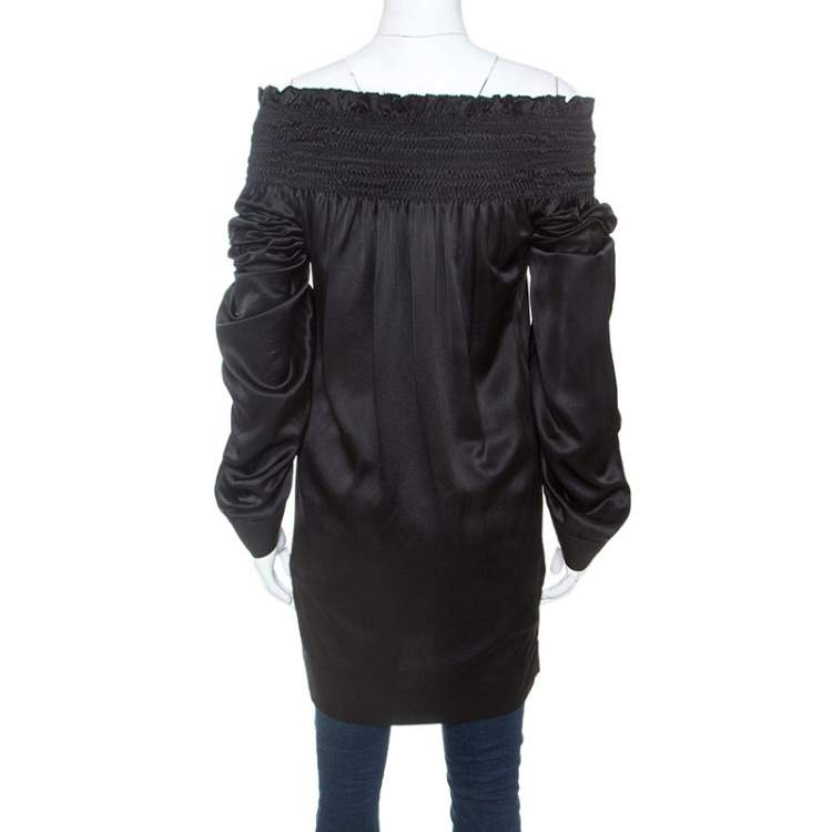 Pre Owned Saint Laurent Paris Black Satin Smocked Off Shoulder Top M