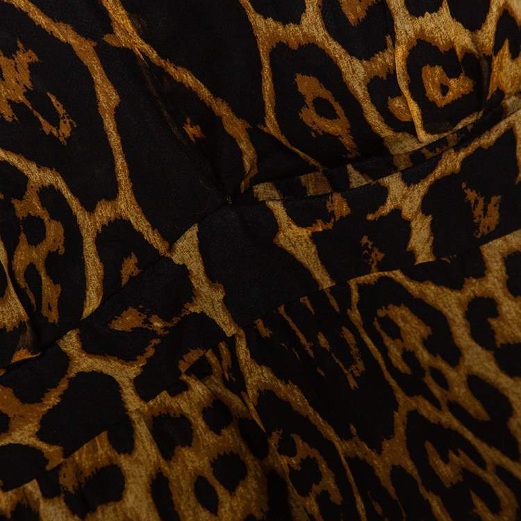 Pre Owned Saint Laurent Paris Brown Leopard Printed Silk Shoulder Padded Mini Dress M