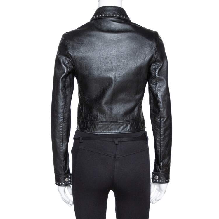 Pre Owned Saint Laurent Paris Black Studded Leather Biker Jacket S