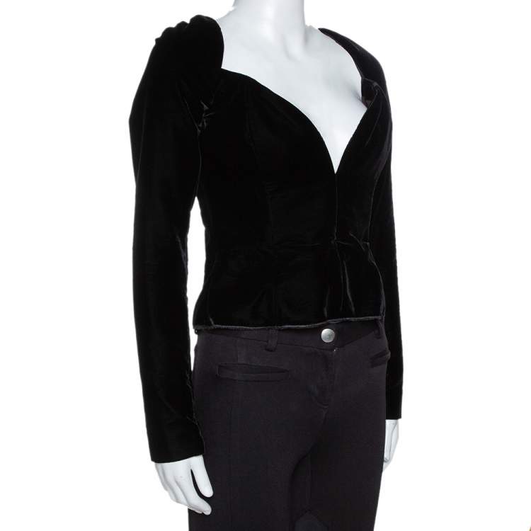 Pre Owned Saint Laurent Paris Black Velvet Sweetheart Plunge Neck Top M