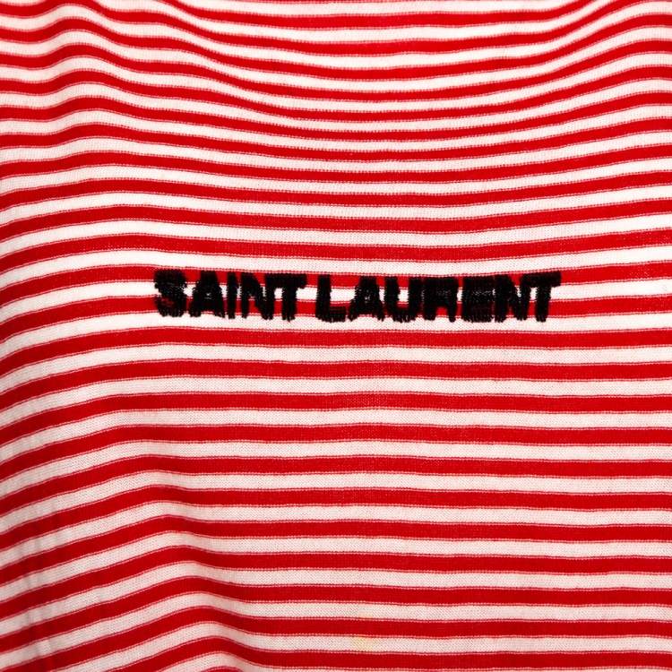 Pre Owned Saint Laurent Paris Red & White Striped Knit Logo Detail T Shirt M