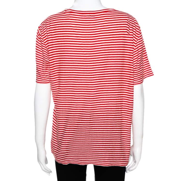 Pre Owned Saint Laurent Paris Red & White Striped Knit Logo Detail T Shirt M