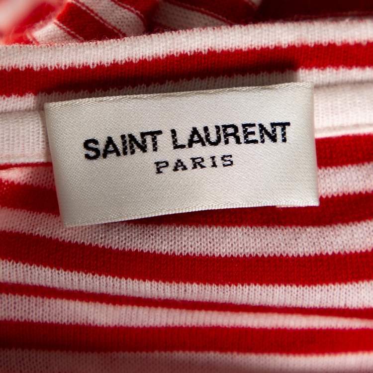 Pre Owned Saint Laurent Paris Red & White Striped Knit Logo Detail T Shirt M