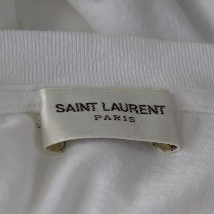 Pre Owned Saint Laurent Paris White YSL Print Cotton Crew Neck T-Shirt M