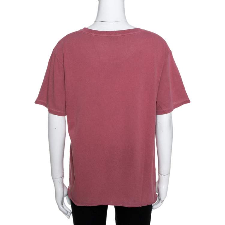 Pre Owned Saint Laurent Paris Pink Washed Cotton Logo Print Distressed T-Shirt L