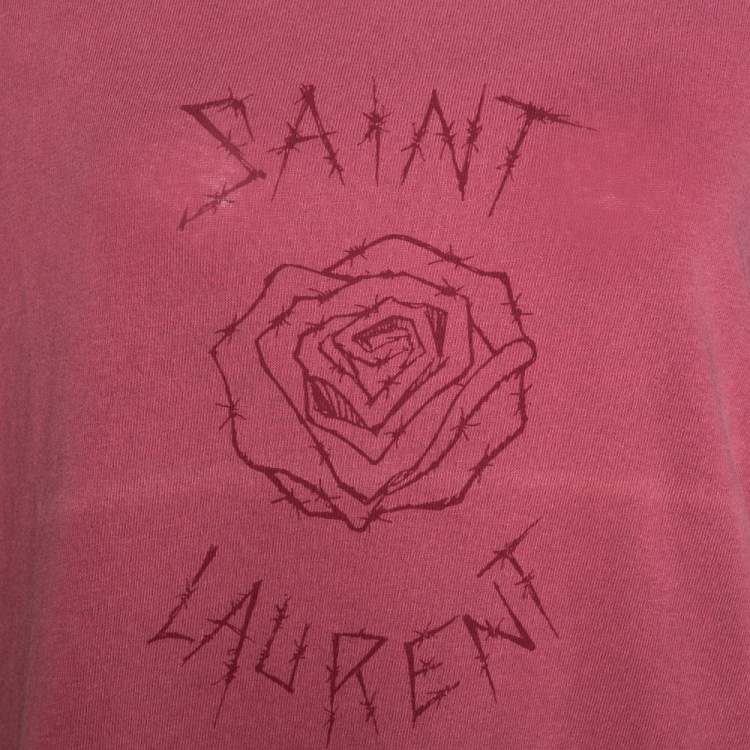 Pre Owned Saint Laurent Paris Pink Washed Cotton Logo Print Distressed T-Shirt L