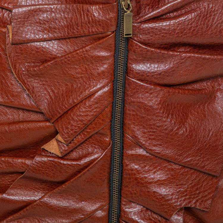Pre Owned Saint Laurent Brown Leather Ruffle Detail Zip Front Mini Skirt S