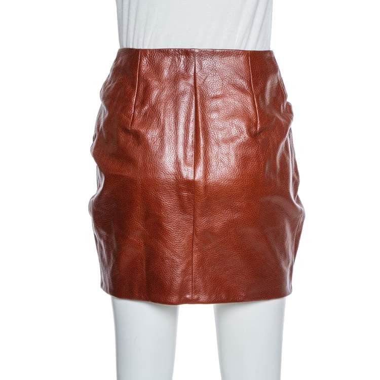 Pre Owned Saint Laurent Brown Leather Ruffle Detail Zip Front Mini Skirt S