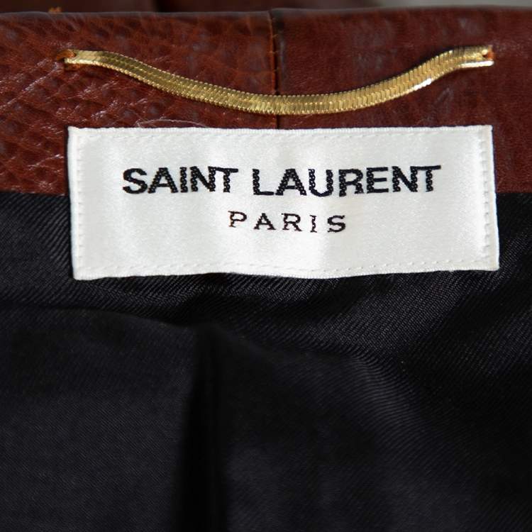 Pre Owned Saint Laurent Brown Leather Ruffle Detail Zip Front Mini Skirt S