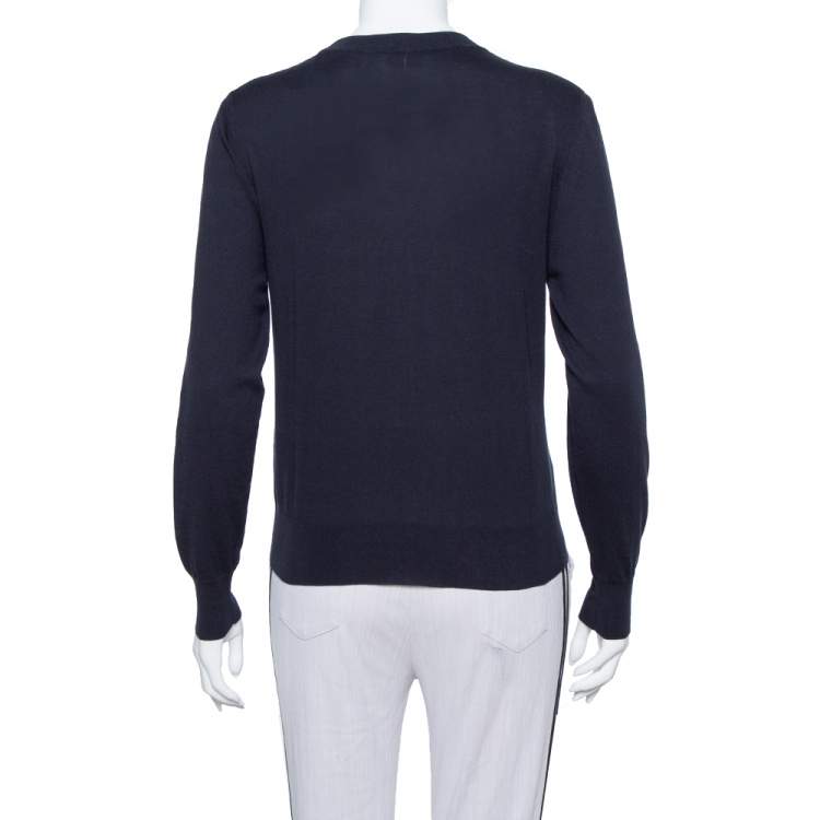 Pre Owned Saint Laurent Navy Blue Intarsia Knit University Crewneck Jumper S