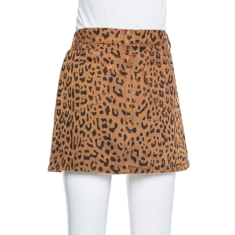 Pre Owned Saint Laurent Paris Brown Leopard Printed Denim Mini Skirt M