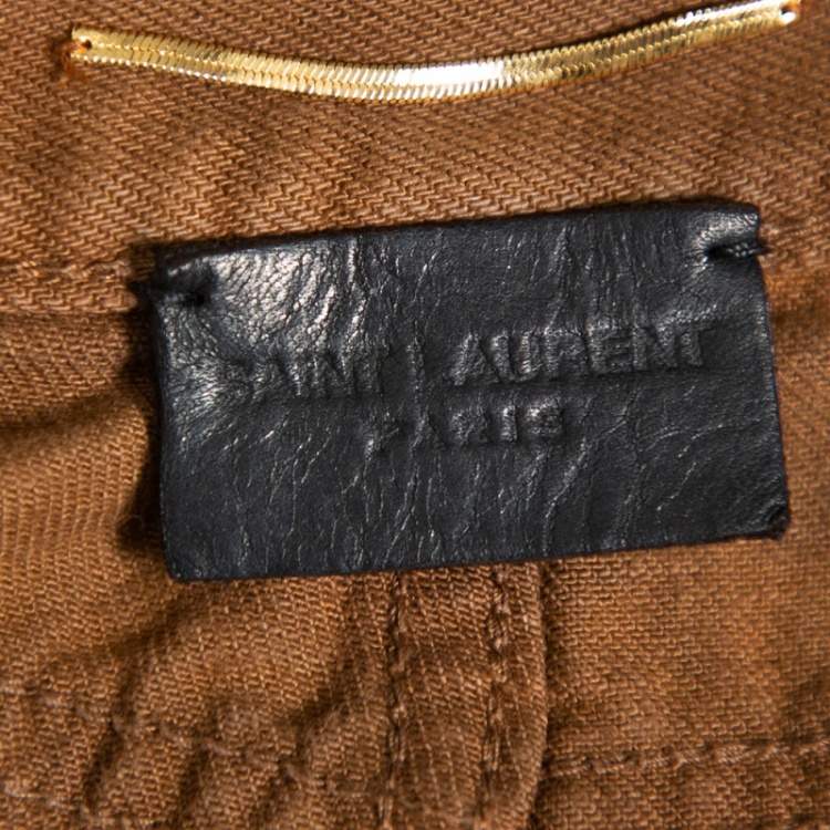 Pre Owned Saint Laurent Paris Brown Leopard Printed Denim Mini Skirt M