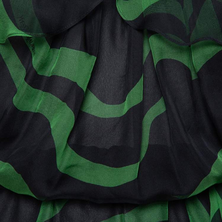 Pre Owned Saint Laurent Paris Rive Gauche Black & Green Silk Tie Detail Ruffled Top S