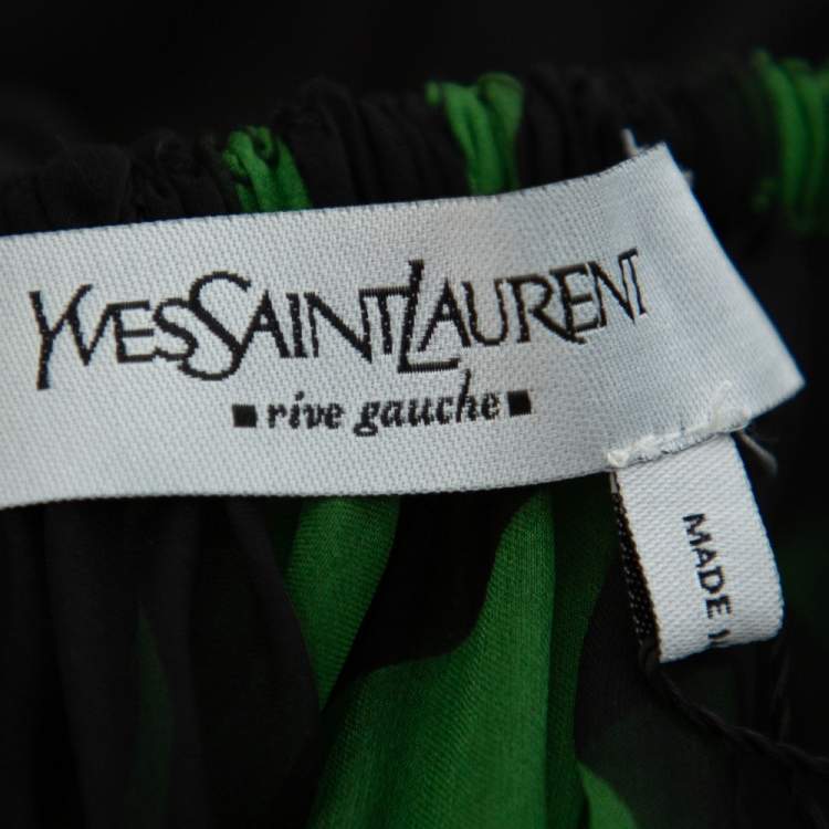 Pre Owned Saint Laurent Paris Rive Gauche Black & Green Silk Tie Detail Ruffled Top S