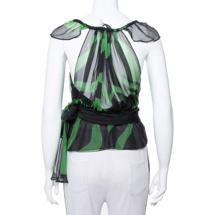 Pre Owned Saint Laurent Paris Rive Gauche Black & Green Silk Tie Detail Ruffled Top S