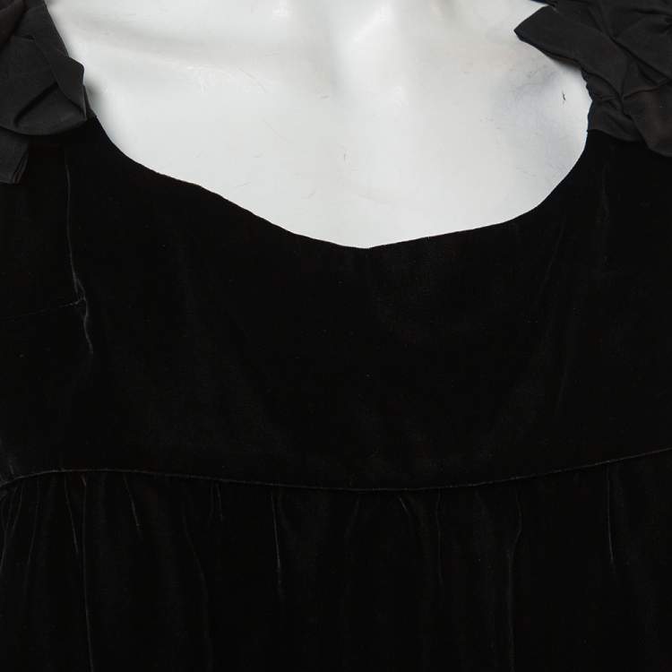 Pre Owned Yves Saint Laurent Black Velvet Bow Trim Detail Shift Dress S