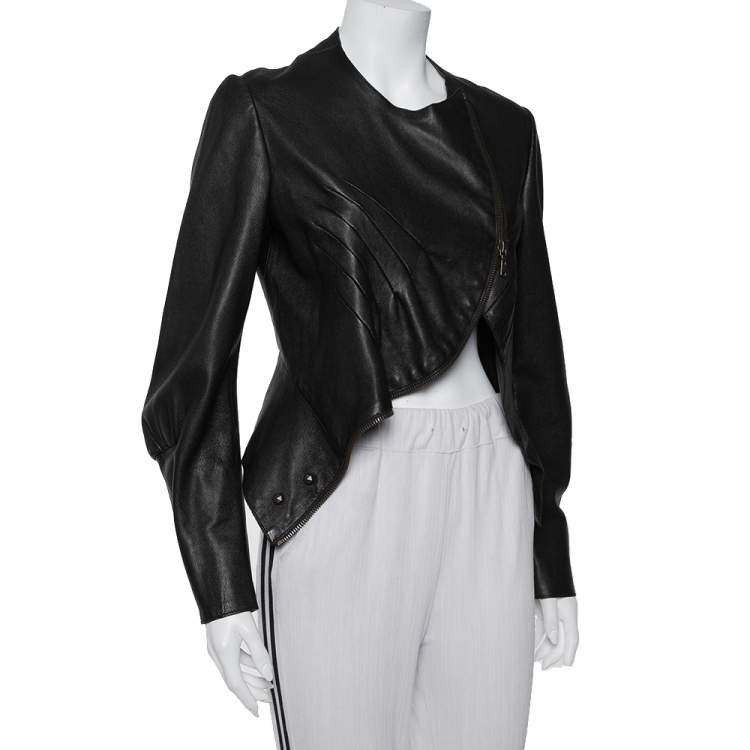 Pre Owned Saint Laurent Paris Dark Brown Leather Asymmetric Hem Cropped Jacket M