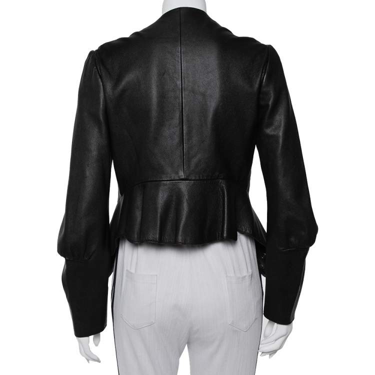 Pre Owned Saint Laurent Paris Dark Brown Leather Asymmetric Hem Cropped Jacket M