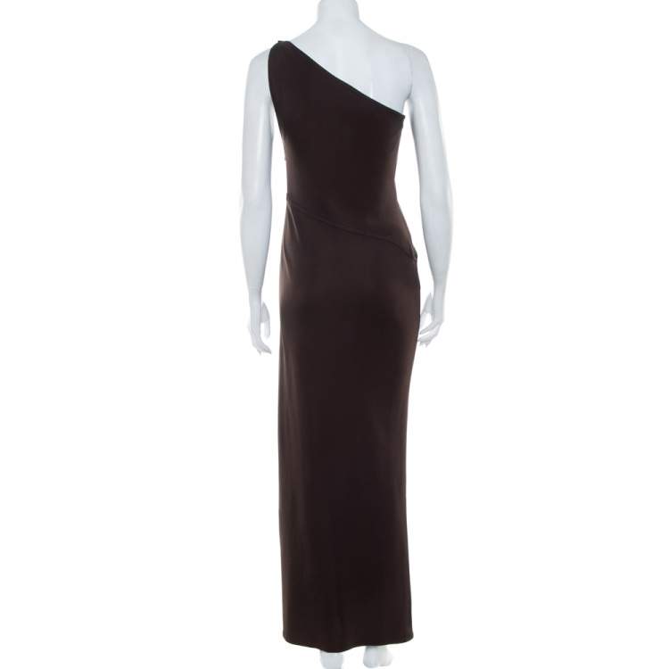 Pre Owned Yves Saint Laurent Rive Gauche Brown Knit One Shoulder Maxi Dress M