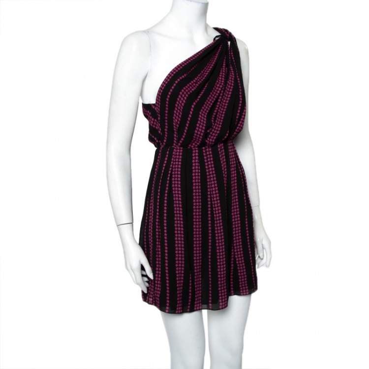 Pre Owned Saint Laurent Paris Black Star Printed Chiffon One Shoulder Mini Dress M