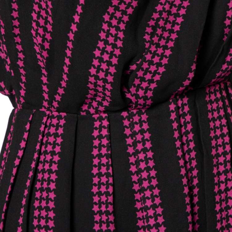 Pre Owned Saint Laurent Paris Black Star Printed Chiffon One Shoulder Mini Dress M