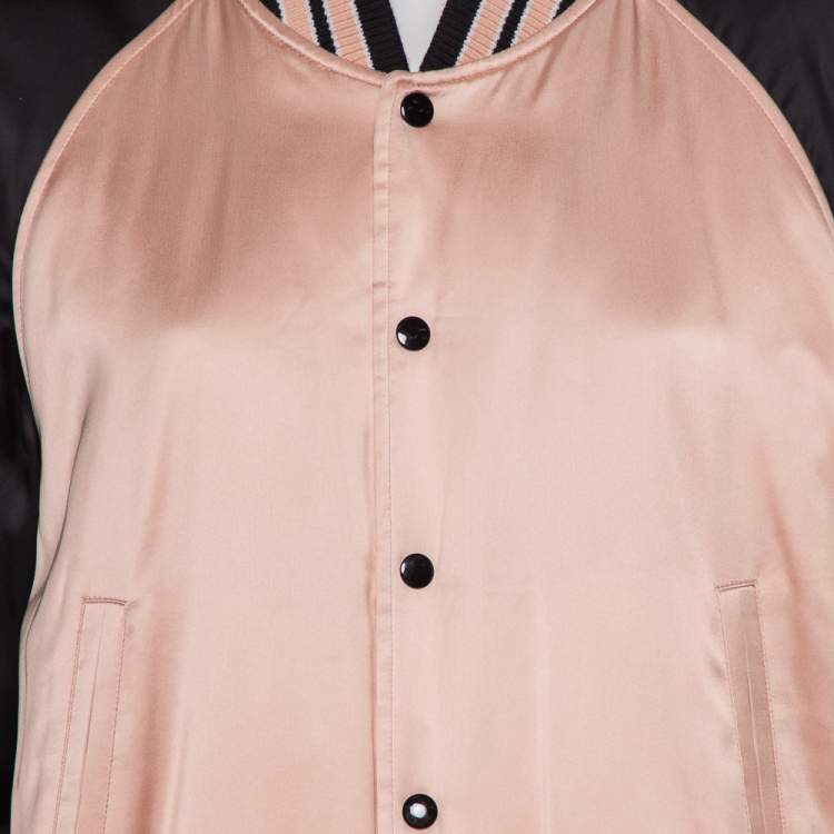 Pre Owned Saint Laurent Paris Black & Pink Satin Button Front Bomber Jacket L