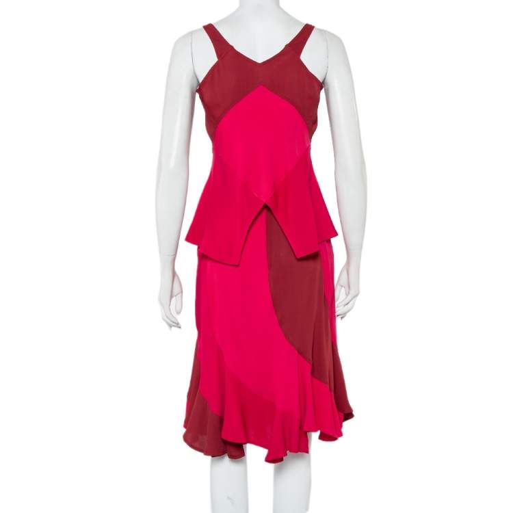 Pre Owned Yves Saint Laurent Rive Gauche Vintage Two Tone Paneled Crepe Tank Top & Skirt Set S