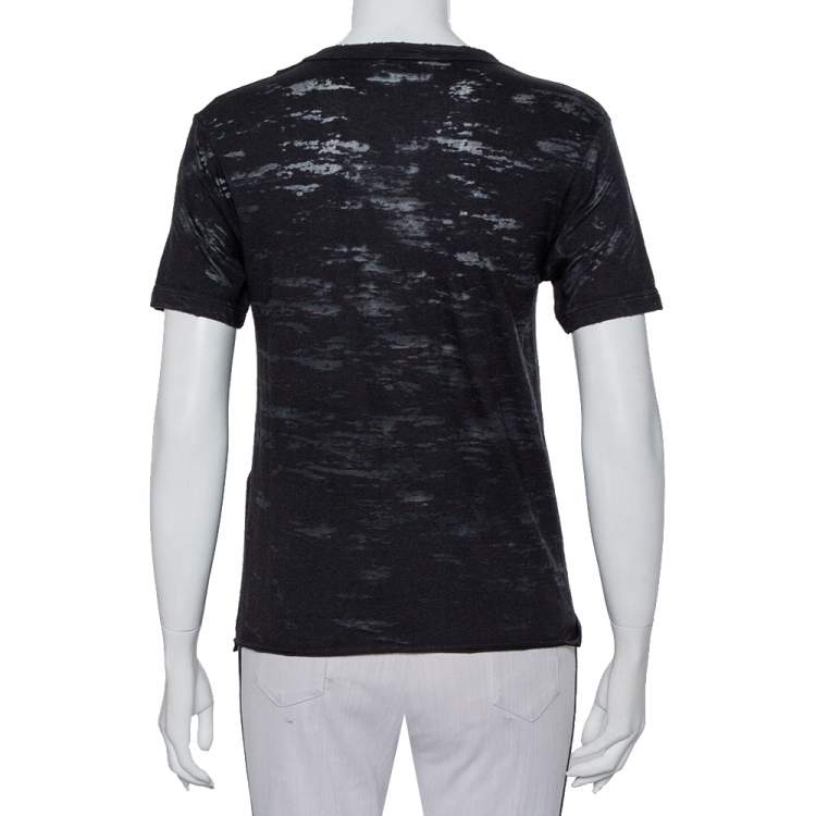 Pre Owned Saint Laurent Paris Charcoal Grey Logo Printed Cotton Distressed Crewneck T-Shirt XS