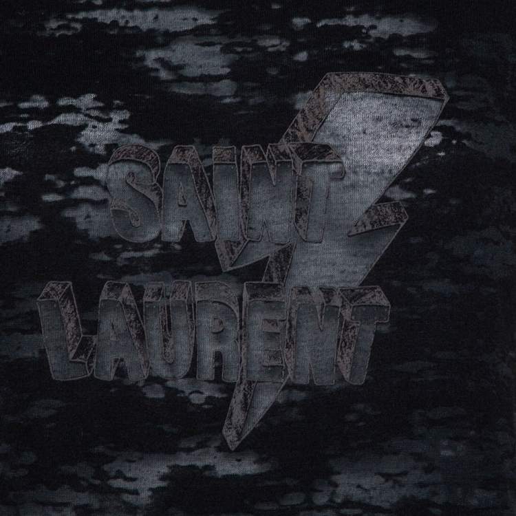Pre Owned Saint Laurent Paris Charcoal Grey Logo Printed Cotton Distressed Crewneck T-Shirt XS