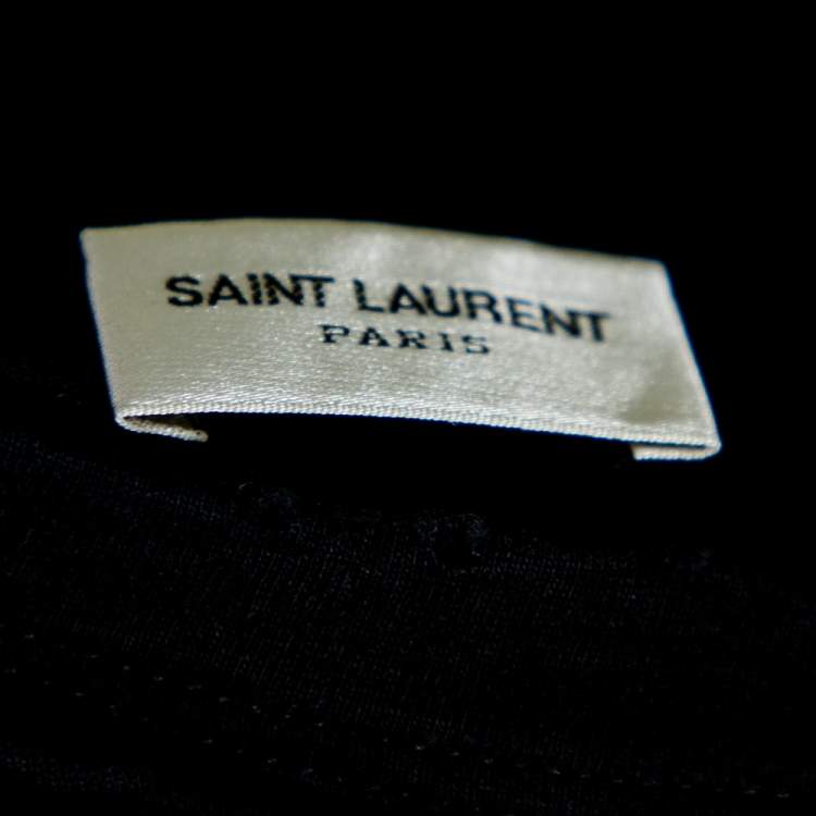 Pre Owned Saint Laurent Paris Charcoal Grey Logo Printed Cotton Distressed Crewneck T-Shirt XS