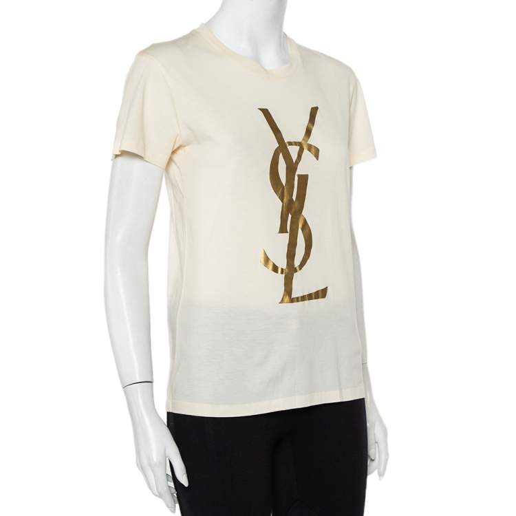 Pre Owned Yves Saint Laurent Cream Logo Printed Cotton Crewneck T-Shirt M