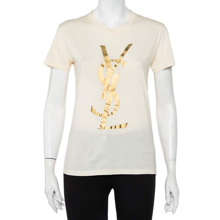 Pre Owned Yves Saint Laurent Cream Logo Printed Cotton Crewneck T-Shirt M