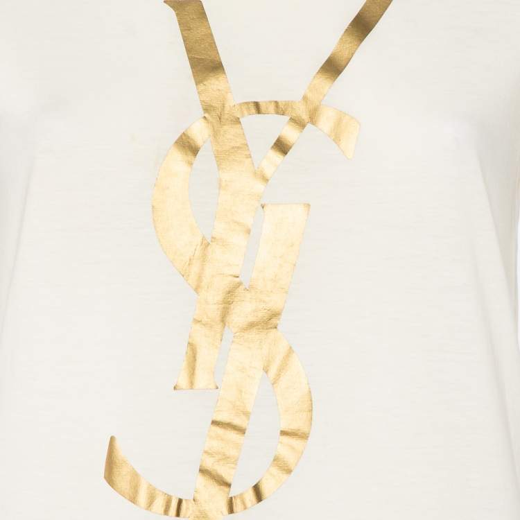Pre Owned Yves Saint Laurent Cream Logo Printed Cotton Crewneck T-Shirt M