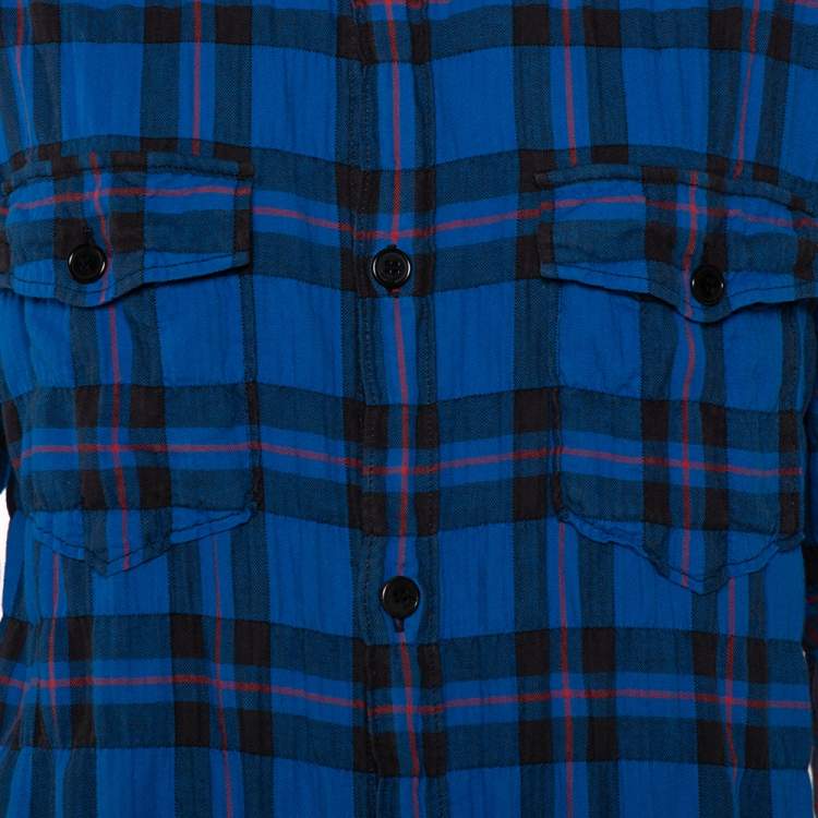Pre Owned Saint Laurent Paris Blue Ombre Checkered Flannel Button Front Long Shirt M
