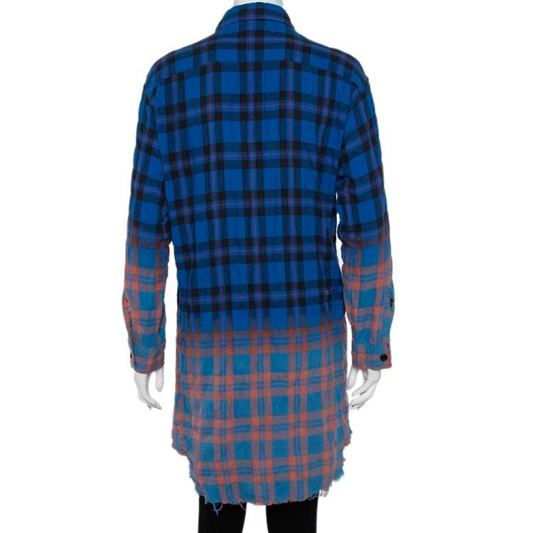 Pre Owned Saint Laurent Paris Blue Ombre Checkered Flannel Button Front Long Shirt M