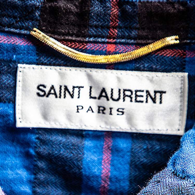 Pre Owned Saint Laurent Paris Blue Ombre Checkered Flannel Button Front Long Shirt M