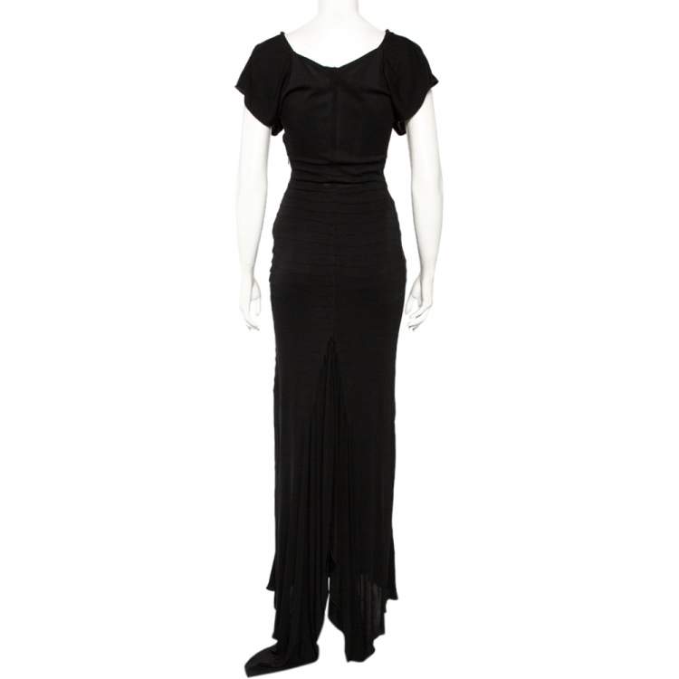 Pre Owned Yves Saint Laurent Black Knit Paneled Asymmetric Hem Maxi Dress S