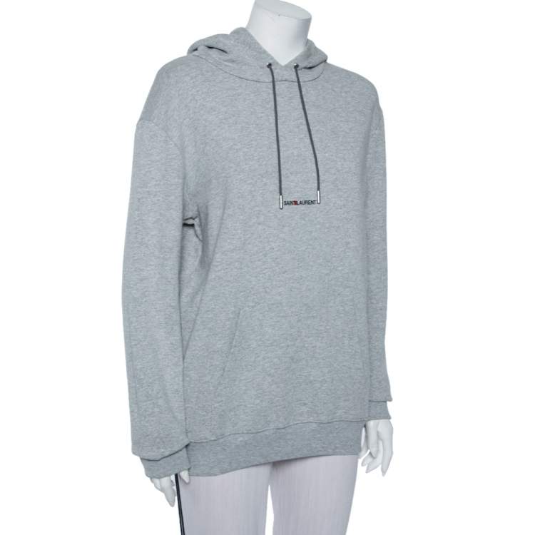 Pre Owned Saint Laurent Paris Grey Logo Printed Cotton Knit Hoodie S