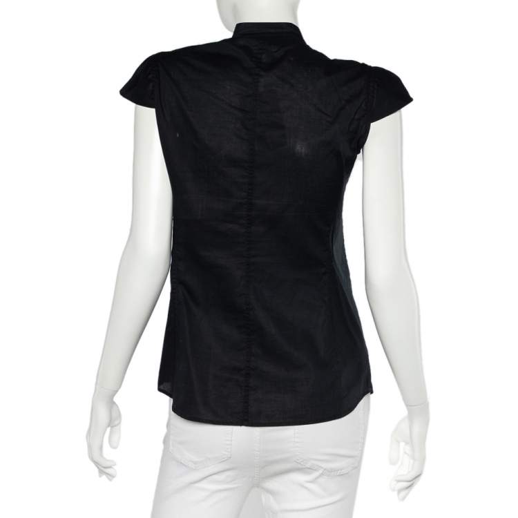 Pre Owned Yves Saint Laurent Black Cotton Crochet Ruffled Button Front Top M