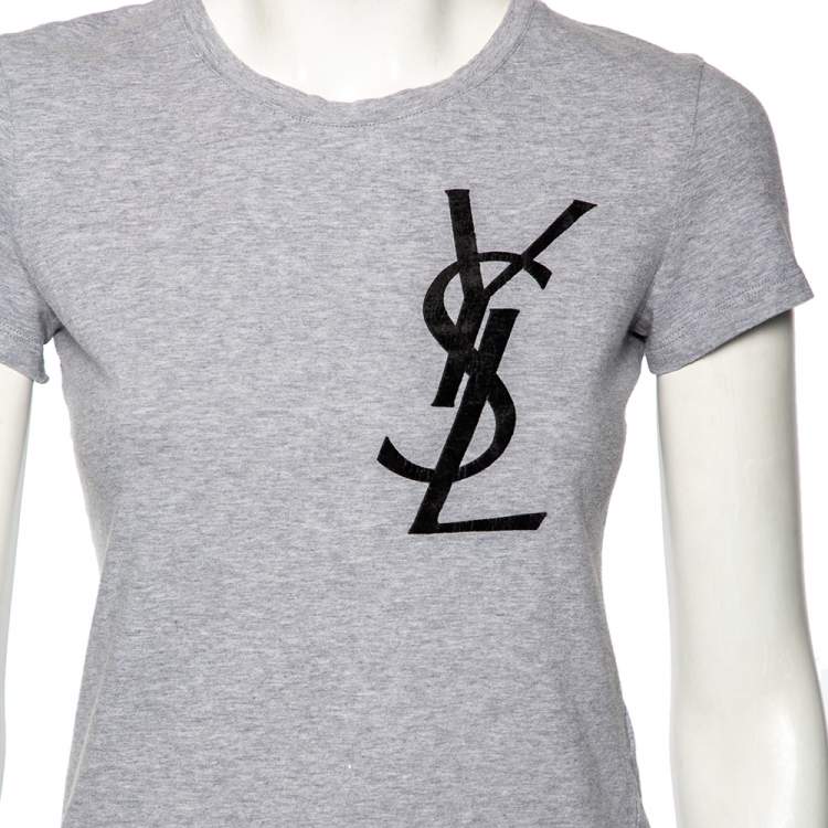 Pre Owned Yves Saint Laurent Grey Cotton Logo Detail T-Shirt XS
