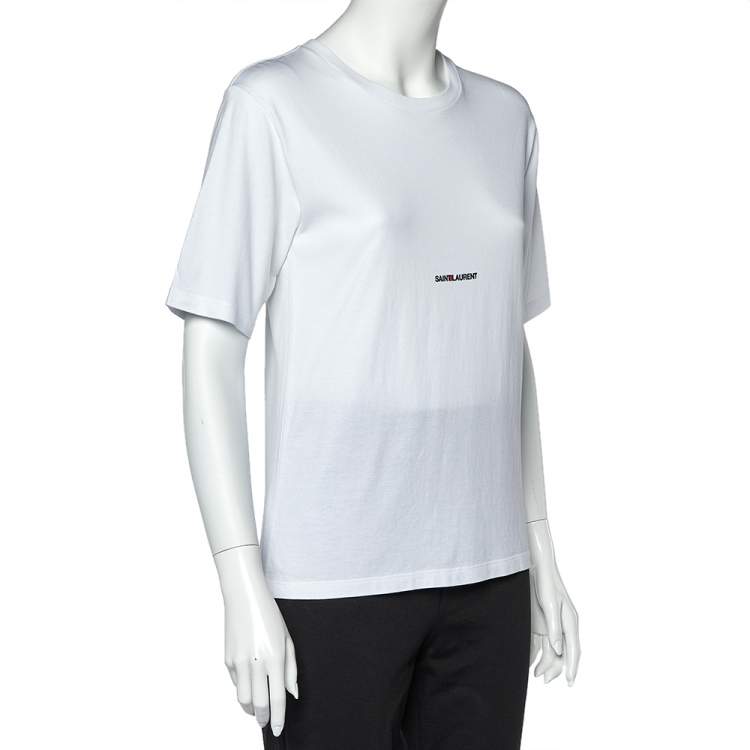 Pre Owned Saint Laurent Paris White Logo Print Cotton Round Neck T-Shirt XS