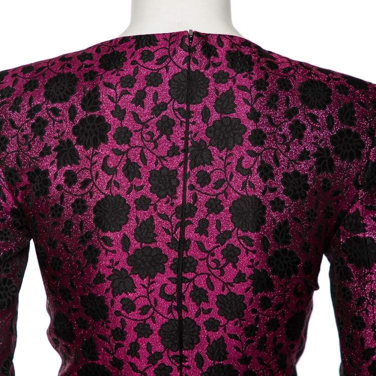 Pre Owned Saint Laurent Fuchsia Floral Lurex Jacquard Long Sleeve Dress S