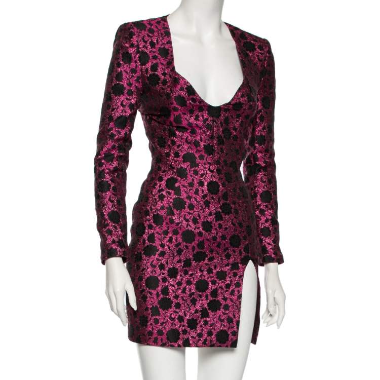 Pre Owned Saint Laurent Fuchsia Floral Lurex Jacquard Long Sleeve Dress S