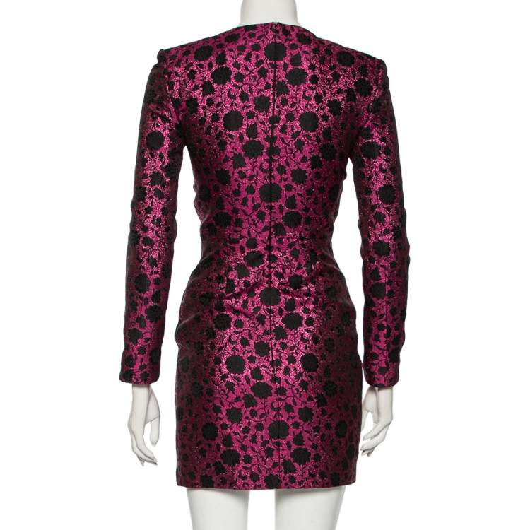 Pre Owned Saint Laurent Fuchsia Floral Lurex Jacquard Long Sleeve Dress S