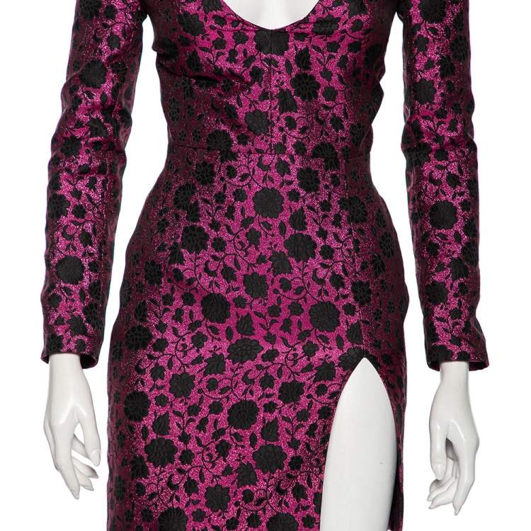 Pre Owned Saint Laurent Fuchsia Floral Lurex Jacquard Long Sleeve Dress S