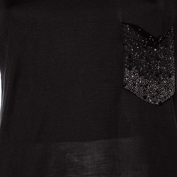 Pre Owned Saint Laurent Black Silk Embellished Pocket Detailed Short Sleeve T-Shirt S
