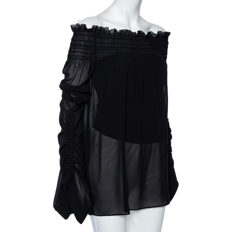 Pre Owned Saint Laurent Black Silk Smocked Oversized Off Shoulder Blouse L