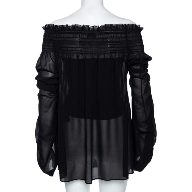 Pre Owned Saint Laurent Black Silk Smocked Oversized Off Shoulder Blouse L