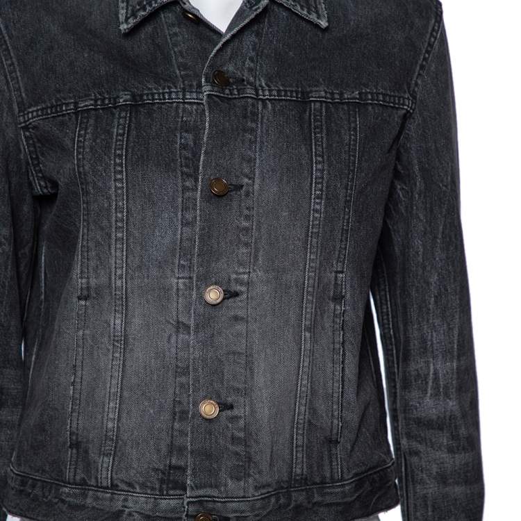 Pre Owned Saint Laurent Faded Grey Heart & Lightening Bolt Patch Applique Denim Jacket M