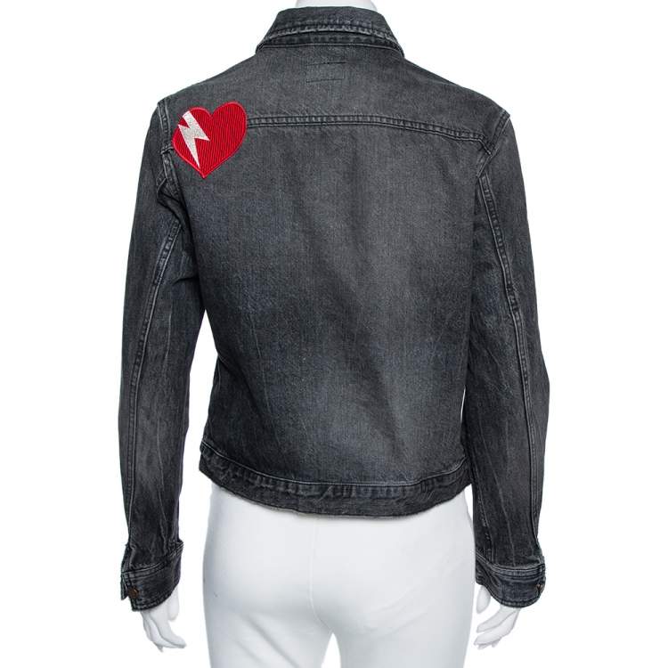 Pre Owned Saint Laurent Faded Grey Heart & Lightening Bolt Patch Applique Denim Jacket M